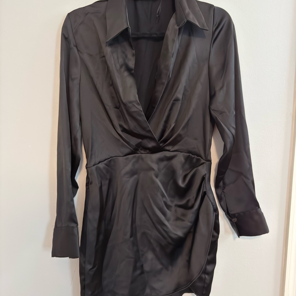 Zara Black Wrap Tie Front Dress Long Sleeve